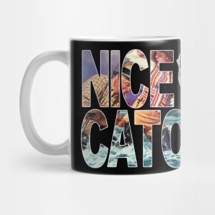 "Nice Catch" Old Man Catches Woman Typographic Overlay Double Exposure Font Art Mug